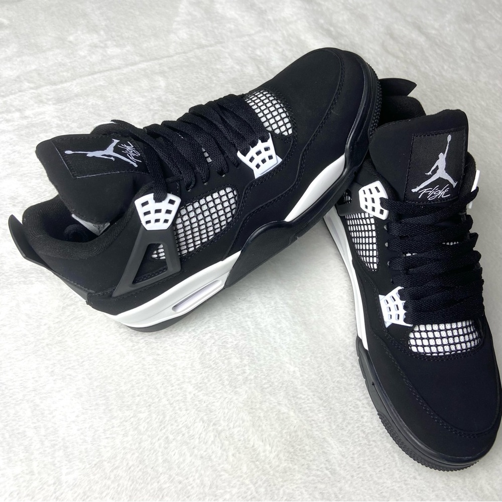 Men's Mid-Top Black/ White Shoes Sneakers -Jordan 4 Retro White Thunder